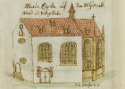 Johann Ludwig Schäfer, Ansicht der Synagoge als Marienkapelle auf dem Milchmarkt bzw. Kapel-lenplatz, Süd- und Westseite, 1745