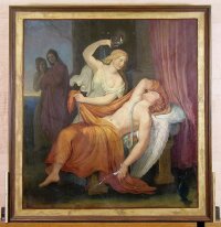 Wilhelm Kaulbach: Psyche enthüllt den schlafenden Amor, 1835, Wandmalerei © BLfD